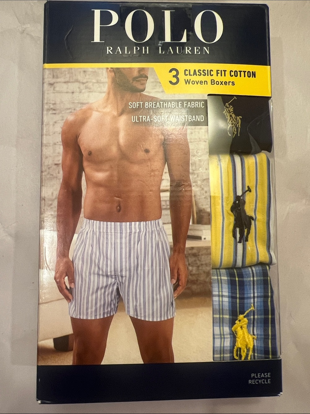 Polo by Ralph Lauren 3-Pack Classic Fit Cotton Boxers — Blue, Yellow, White
